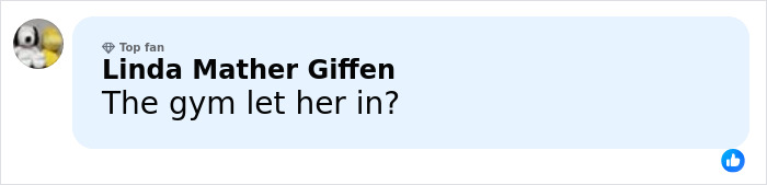 Comment from social media user Linda Mather Giffen questioning gym safety amid jealous girlfriend accused of throwing 25-pound weight.