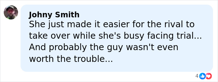 Comment by Johny Smith discussing a rival taking over during a trial amid a jealous girlfriend gym fight incident.