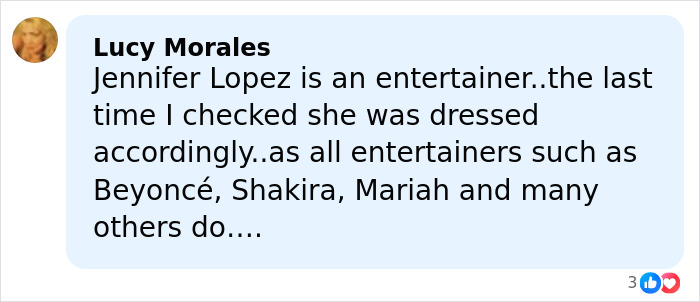 Comment by Lucy Morales defending Jennifer Lopez&rsquo;s style in response to age-related fashion criticism online.