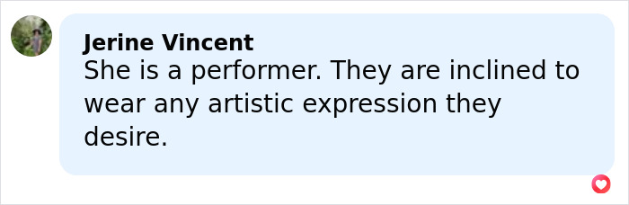 Comment by Jerine Vincent discussing artistic expression and age expectations in performance and fashion.