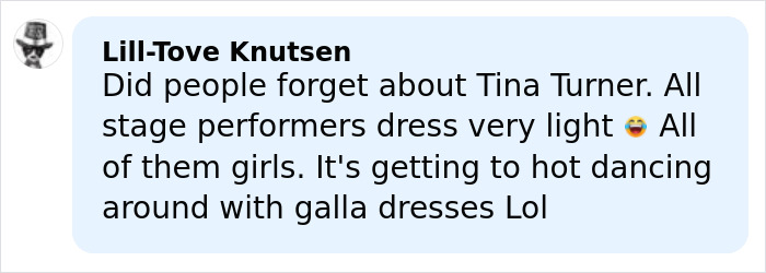 Commenter Lill-Tove Knutsen discusses stage performers' light dresses and dancing, relating to Jennifer Lopez dress her age debate.