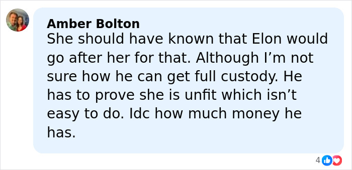 Comment by Amber Bolton discussing Elon Musk&rsquo;s potential custody battle related to his 13th child with a conservative influencer.