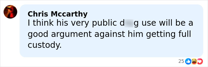 Comment by Chris Mccarthy discussing public d**g use in relation to Elon Musk's 13th child with conservative influencer.
