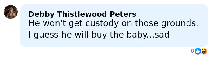 Comment by Debby Thistlewood Peters discussing custody and mentioning buying the baby in response to Elon Musk's announcement.