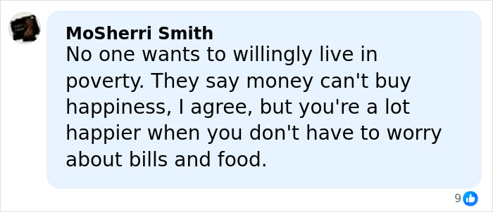 Comment about living in poverty and happiness from MoSherri Smith in a social media post discussing financial worries. Comment about living in poverty and happiness from MoSherri Smith in a social media post discussing financial worries.