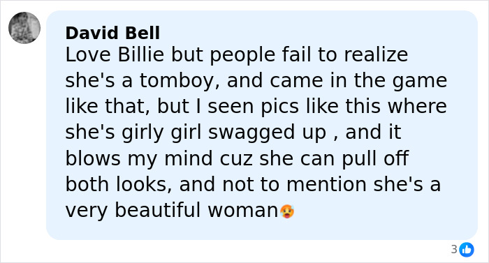 Social media comment bubble praising Billie Eilish on light blue background, Brunette Sydney Sweeney