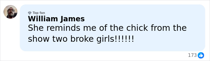 Social media top-fan comment bubble referencing Brunette Sydney Sweeney, comparing her to Two Broke Girls, 173 likes