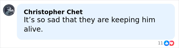 Comment expressing sadness about keeping Major Michael Schumacher alive, reflecting fan reactions to health update after F1 accident.