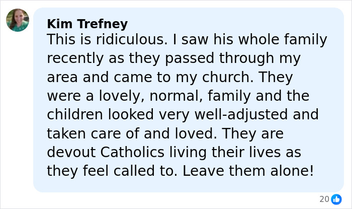 Facebook comment defending a Catholic family, mentioning devout beliefs and community life amid controversy. Facebook comment defending a Catholic family, mentioning devout beliefs and community life amid controversy.