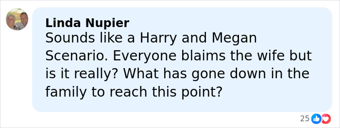 Comment from Linda Nupier discussing the family feud involving Brooklyn Beckham and his parents David and Victoria.