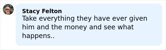 Comment from Stacy Felton discussing taking possessions and money amid Brooklyn Beckham family feud legal dispute.