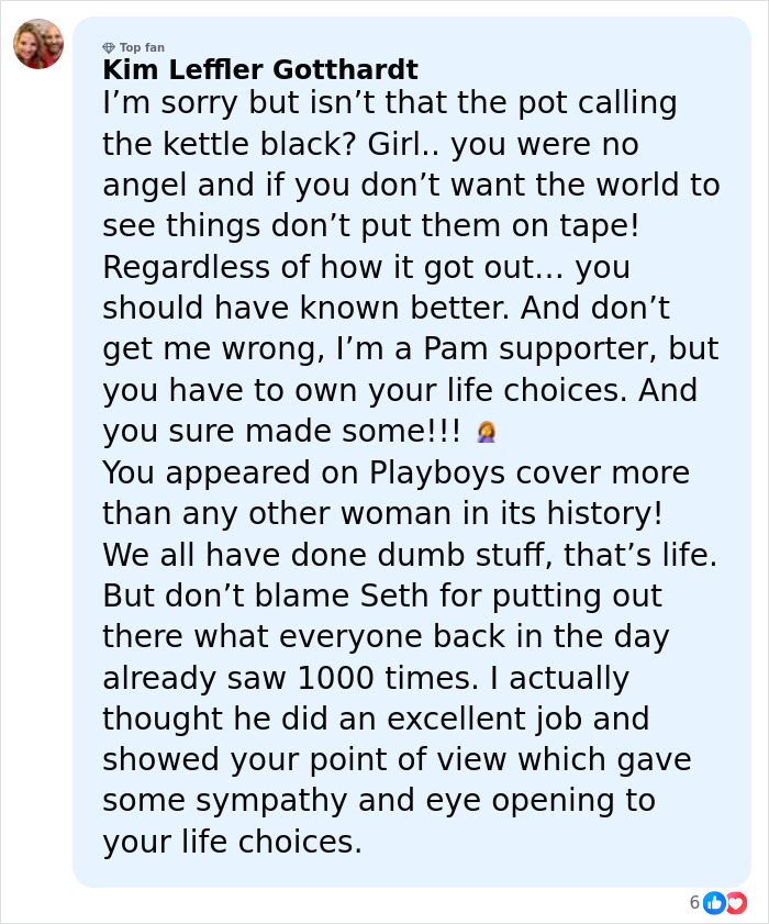 Commenter Kim Leffler Gotthardt expressing mixed views on Pamela Anderson&rsquo;s life choices and Seth Rogen&rsquo;s role in the Golden Globes incident.