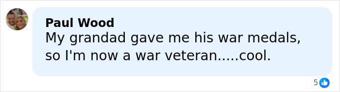 Comment from Paul Wood about receiving war medals from his grandad, referencing war veteran status with a casual tone.