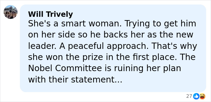 Comment discussing the Nobel Committee's silence after Peace Prize recipient gifts her medal to Trump, with mixed opinions.