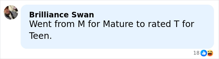 Comment by Brilliance Swan discussing rating change from Mature to Teen in a light blue text box, with reaction icons below.