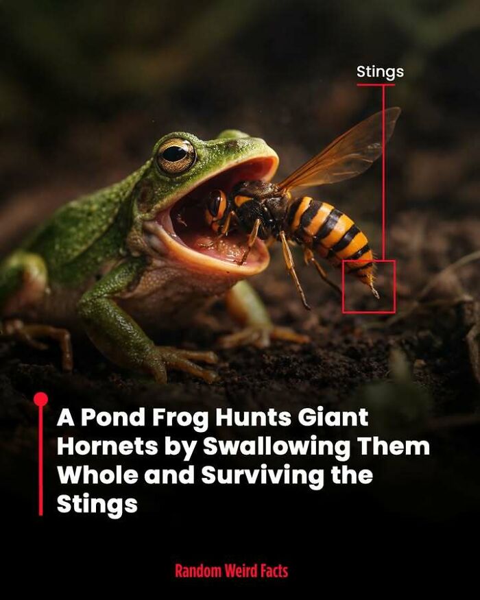 A pond frog swallowing a giant hornet whole, showcasing unusual facts that linger in your head for days.