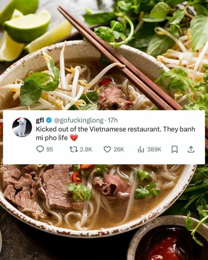 Screenshot of a funny tweet about being kicked out of a Vietnamese restaurant, part of funny screenshots collection.
