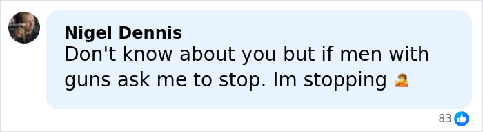Comment by Nigel Dennis stating he would stop if men with guns asked, related to family of mom slain by ICE agent discussion.