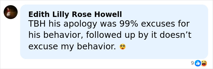 Comment by Edith Lilly Rose Howell discussing Kanye West’s apology and behavior in a social media post.