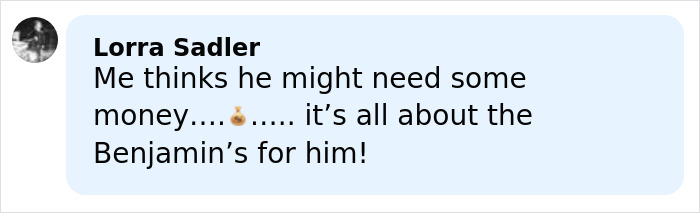 Comment by Lorra Sadler about Kanye West health battle and financial needs, mentioning Benjamin's emoji in casual tone.