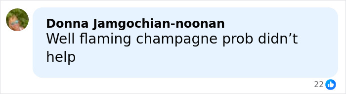 Comment mentioning flaming champagne possibly contributing to the lethal Swiss ski bar fire negligence discussion.