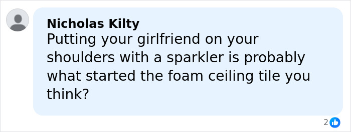 Comment suggesting a sparkler on shoulders may have started the foam ceiling tile fire in a Swiss ski bar incident.