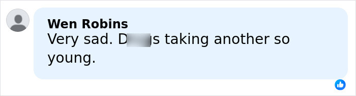 Comment by Wen Robins expressing sadness over someone dying young, related to Victoria Jones final moments code word.