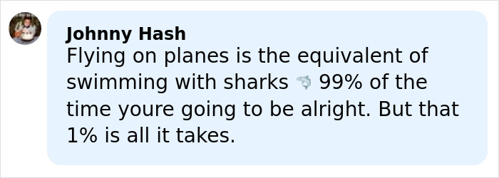 Comment by Johnny Hash discussing the risks of flying on planes compared to swimming with sharks, highlighting danger. Comment by Johnny Hash discussing the risks of flying on planes compared to swimming with sharks, highlighting danger.