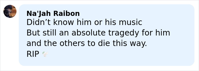 Comment expressing condolences for famous singer's tragic plane crash and loss of life, mentioning RIP. Comment expressing condolences for famous singer's tragic plane crash and loss of life, mentioning RIP.