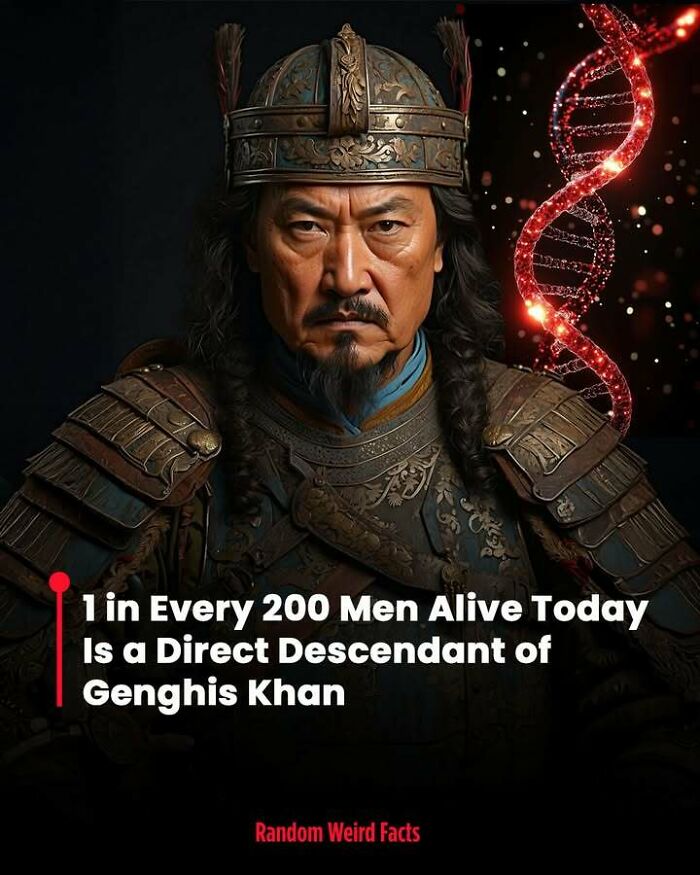 Portrait of Genghis Khan in armor with a glowing DNA strand, illustrating a fact that lingers in your head for days.