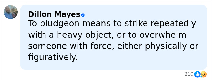 Social media post explaining the meaning of bludgeon, related to force, fitting Teacher&rsquo;s Life Ends after affair discovered context.
