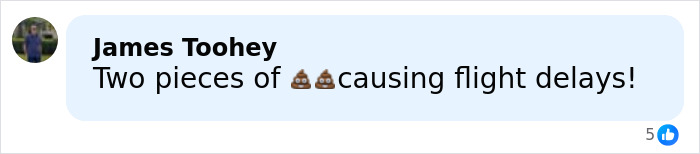 Facebook comment from James Toohey using p**p emojis to criticize passengers causing flight delays refusing to leave first-class seats.