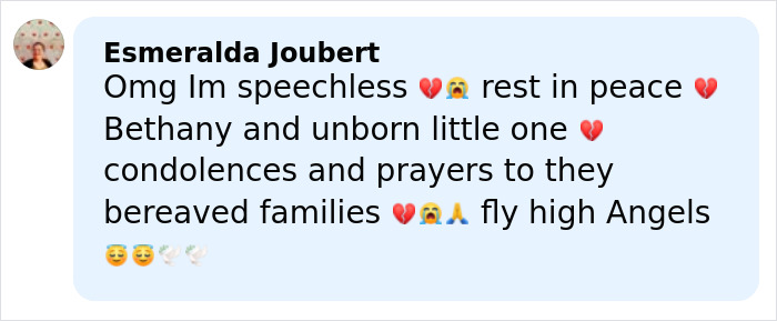 Alt text: Comment expressing grief and condolences over pregnant sister&rsquo;s homicide with heartfelt emojis and prayers.