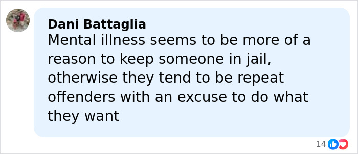 Comment by Dani Battaglia discussing mental illness and repeat offenders in jail, related to charges over pregnant sister&rsquo;s homicide.