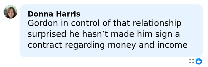 Comment by Donna Harris discussing Gordon Ramsay's control over relationship and contract about money and income