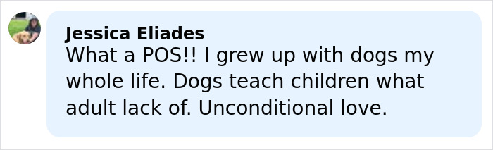 Comment from Jessica Eliades expressing frustration about rehoming pets after 9 years, mentioning dogs and unconditional love. Comment from Jessica Eliades expressing frustration about rehoming pets after 9 years, mentioning dogs and unconditional love.