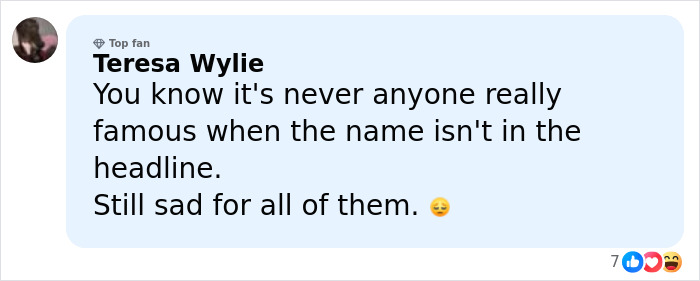 Comment from Teresa Wylie expressing sadness about a famous singer losing life in a plane crash after a chilling final post. Comment from Teresa Wylie expressing sadness about a famous singer losing life in a plane crash after a chilling final post.