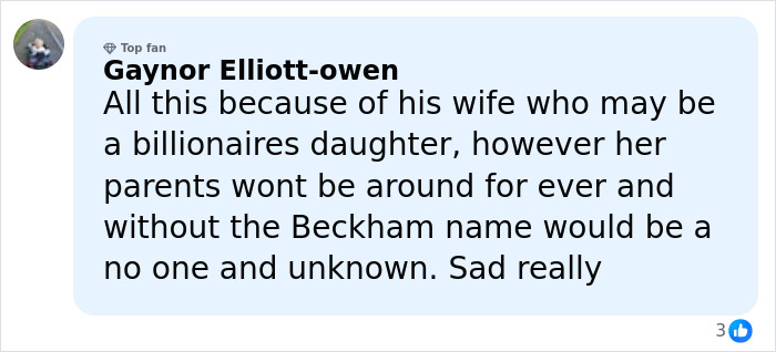 Comment discussing family feud involving Brooklyn Beckham and his parents David and Victoria Beckham online.