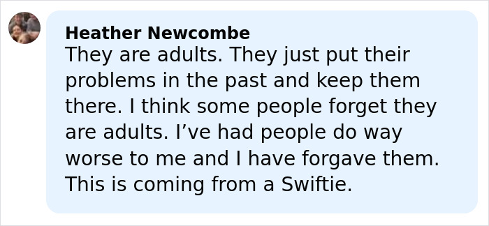 Text message from Heather Newcombe discussing forgiveness and referring to being a Swiftie amid Kim Kardashian and Blake Lively revelations. Text message from Heather Newcombe discussing forgiveness and referring to being a Swiftie amid Kim Kardashian and Blake Lively revelations.