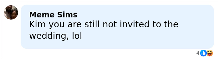 Text message from Meme Sims saying Kim is still not invited to the wedding, referencing Kim Kardashian's Taylor Swift comments and Blake Lively reveal. Text message from Meme Sims saying Kim is still not invited to the wedding, referencing Kim Kardashian's Taylor Swift comments and Blake Lively reveal.