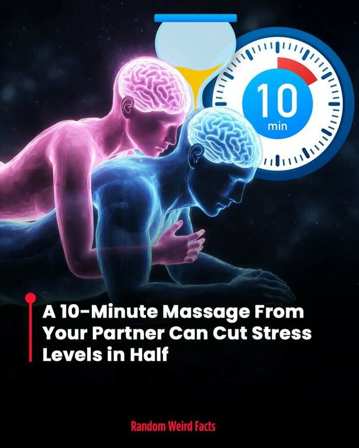 Illustration of a 10-minute massage reducing stress levels with glowing brain imagery representing interesting facts.