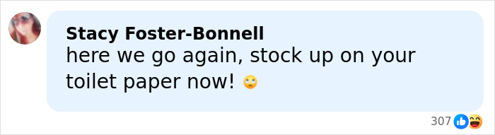 Social media comment warning about stockpiling toilet paper amid incurable virus outbreak causing airport restrictions.