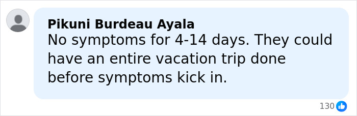 Comment stating no symptoms for 4-14 days, mentioning vacation trip before symptoms, related to virus outbreak warnings at airports.
