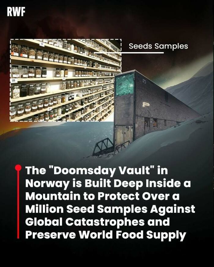 Doomsday Vault in Norway stores over a million seed samples to preserve world food supply and protect against global catastrophes.
