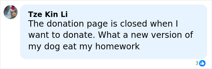 Comment by Tze Kin Li expressing frustration over a closed donation page related to a billionaires donation to ICE agent.