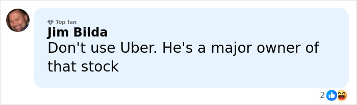 Comment from Jim Bilda warning against using Uber due to ownership, shown in a social media thread format.