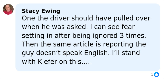 Comment from Stacy Ewing expressing support for Kiefer Sutherland amid disturbing new details of violent crime arrest.
