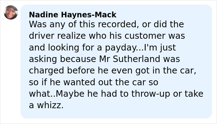 Comment from Nadine Haynes-Mack questioning details about Kiefer Sutherland's violent crime arrest in Hollywood.