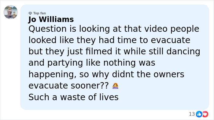 Comment by Jo Williams discussing evacuation delays and lives lost in the Swiss ski resort fire allegedly started by a waitress.