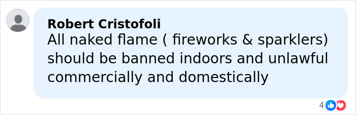 Comment by Robert Cristofoli expressing concern about banning fireworks and sparklers indoors due to fire risks at Swiss ski resort.